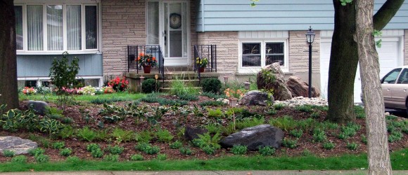 A well-kept front yard with a variety of plants, flowers, and large stones in front of a suburban house with a streetlamp and parked car visible.