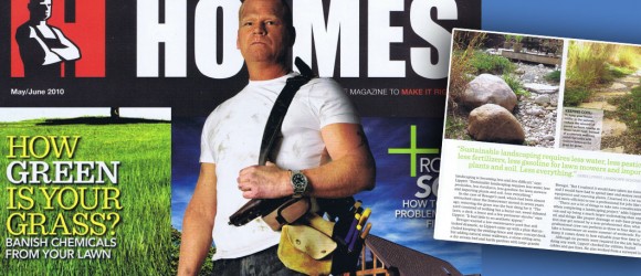 The image shows a magazine spread with a person on the left and an article on sustainable landscaping on the right, titled "HOMES" from May/June 2010.