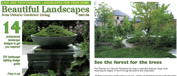 The image shows a magazine spread titled "Beautiful Landscapes" featuring green garden spaces with a focus on professional landscape design and sustainability.