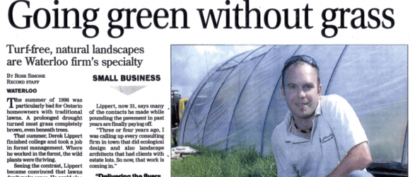 The image shows a newspaper headline "Going green without grass" above an article, with a picture of a person kneeling next to a plant, smiling.