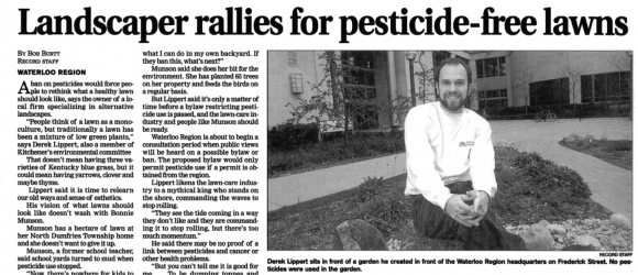 This is a newspaper article titled "Landscaper rallies for pesticide-free lawns." It includes a photo of a person sitting in a garden and text discussing pesticide use.