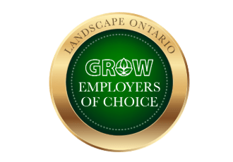 This image displays a circular emblem with a green and gold design, featuring the text "Landscape Ontario" and "GROW Employers of Choice" on a dark background.