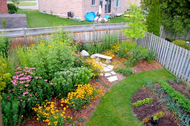 A vibrant backyard garden with a variety of flowers and plants, a stone path, wooden fence, and a house in the background under a cloudy sky.