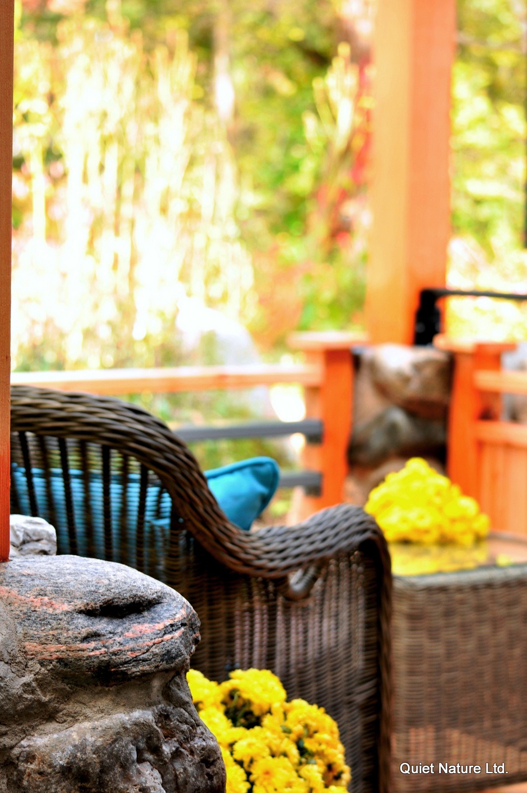 In a tranquil outdoor setting, a wicker chair with blue cushions is next to vibrant yellow flowers against a backdrop of blurred greenery.