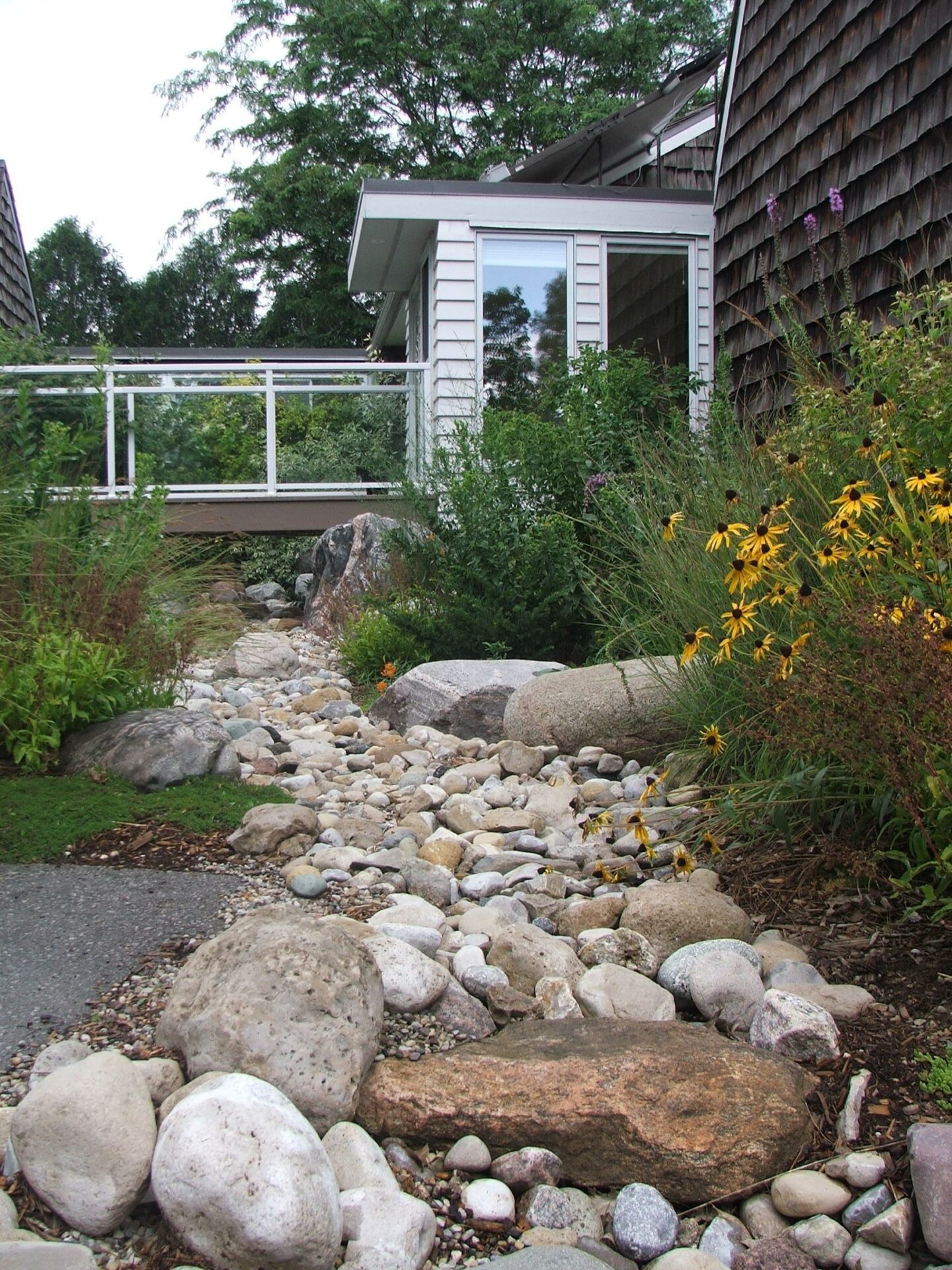 A rocky garden path leads towards a modern house with a white balcony rail, amidst lush greenery and flowering plants under an overcast sky.