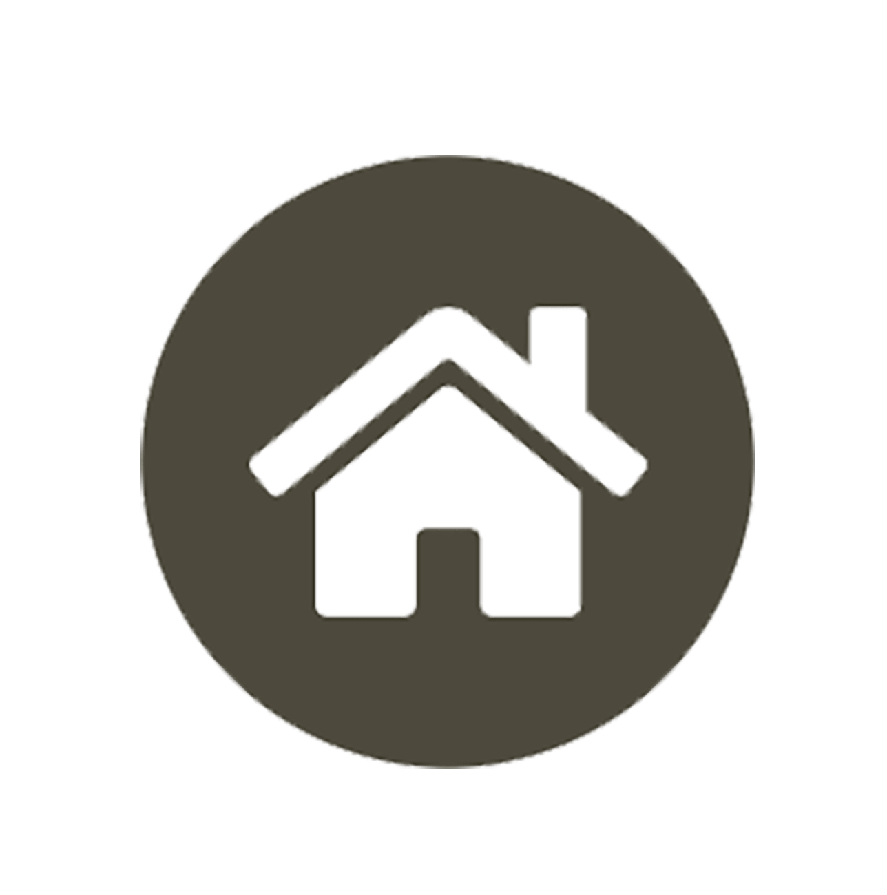 The image shows a simple house icon, outlined white on a circular dark green background, commonly used to represent a home or real estate.