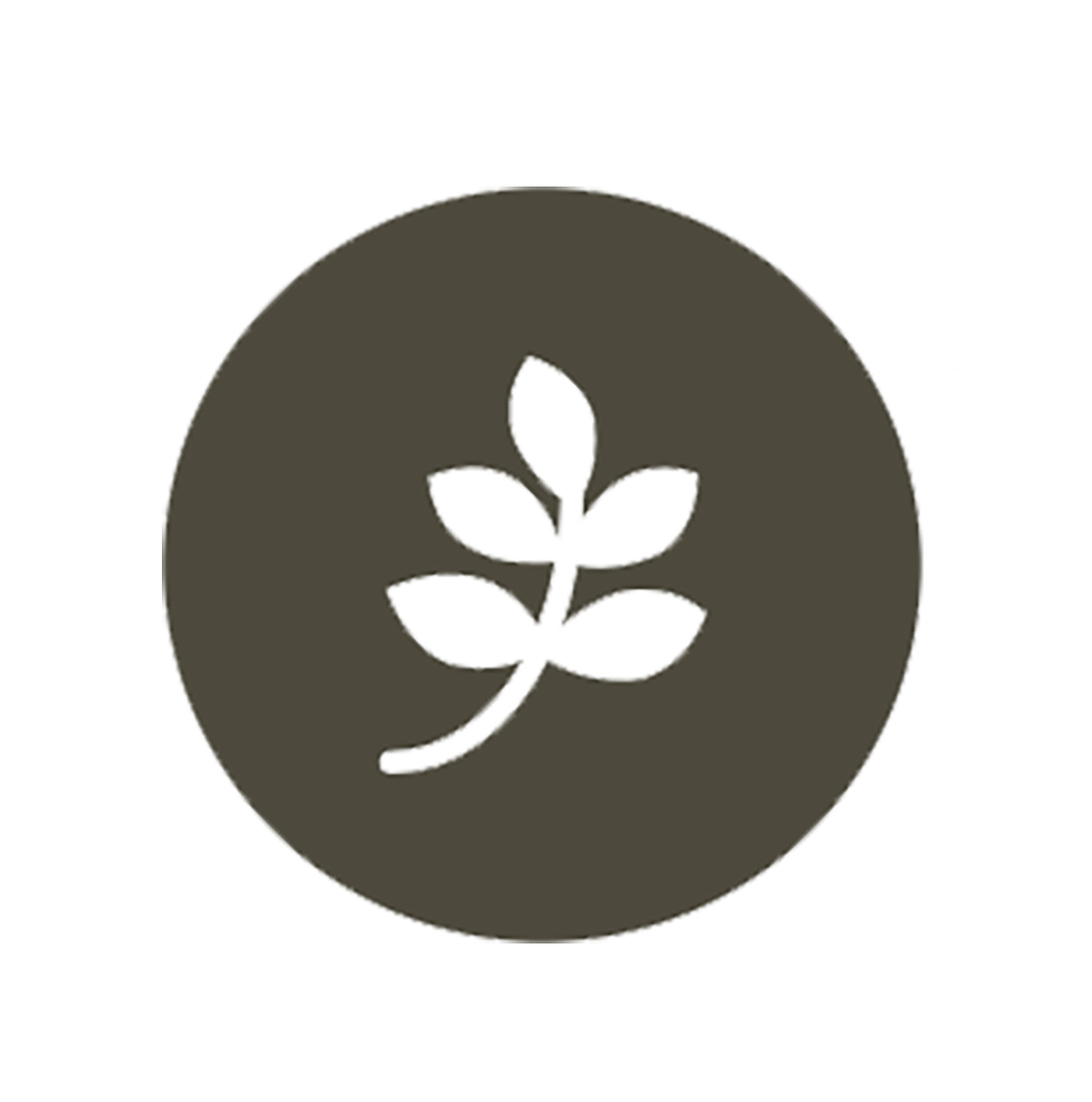 The image shows a stylized leaf or plant inside a dark circle, with a simple line drawing style on a plain green background.