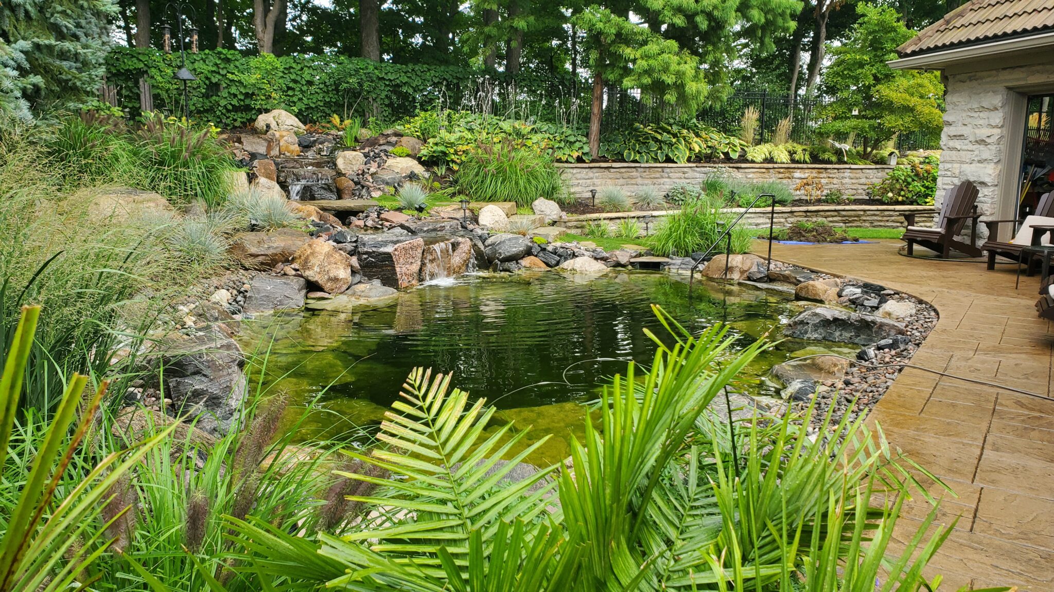 A serene backyard garden with a pond and waterfall surrounded by lush greenery, stone borders, patio seating, and a stone façade structure.