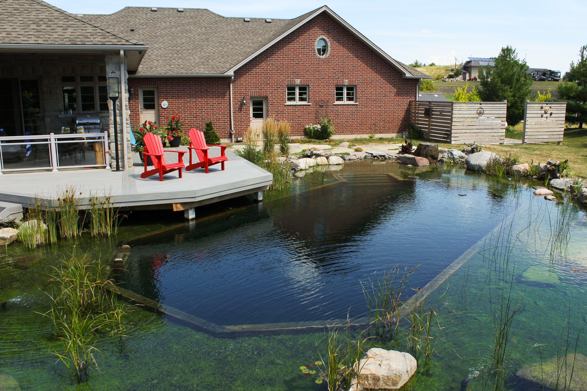 A serene backyard featuring a clear pond with aquatic plants, surrounded by rocks, adjacent to a deck with two red chairs, behind a brick house.