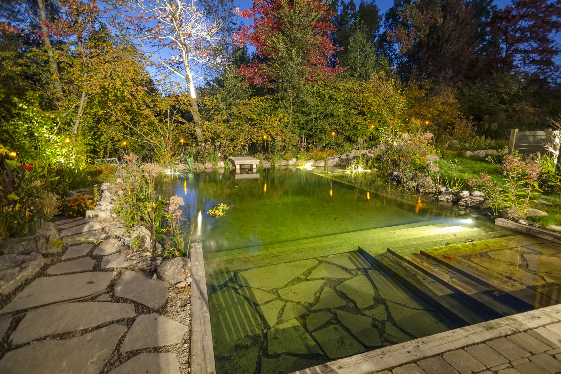 A tranquil garden pond at night, illuminated by soft lights, surrounded by lush vegetation, with a stone pathway and wooden accents.