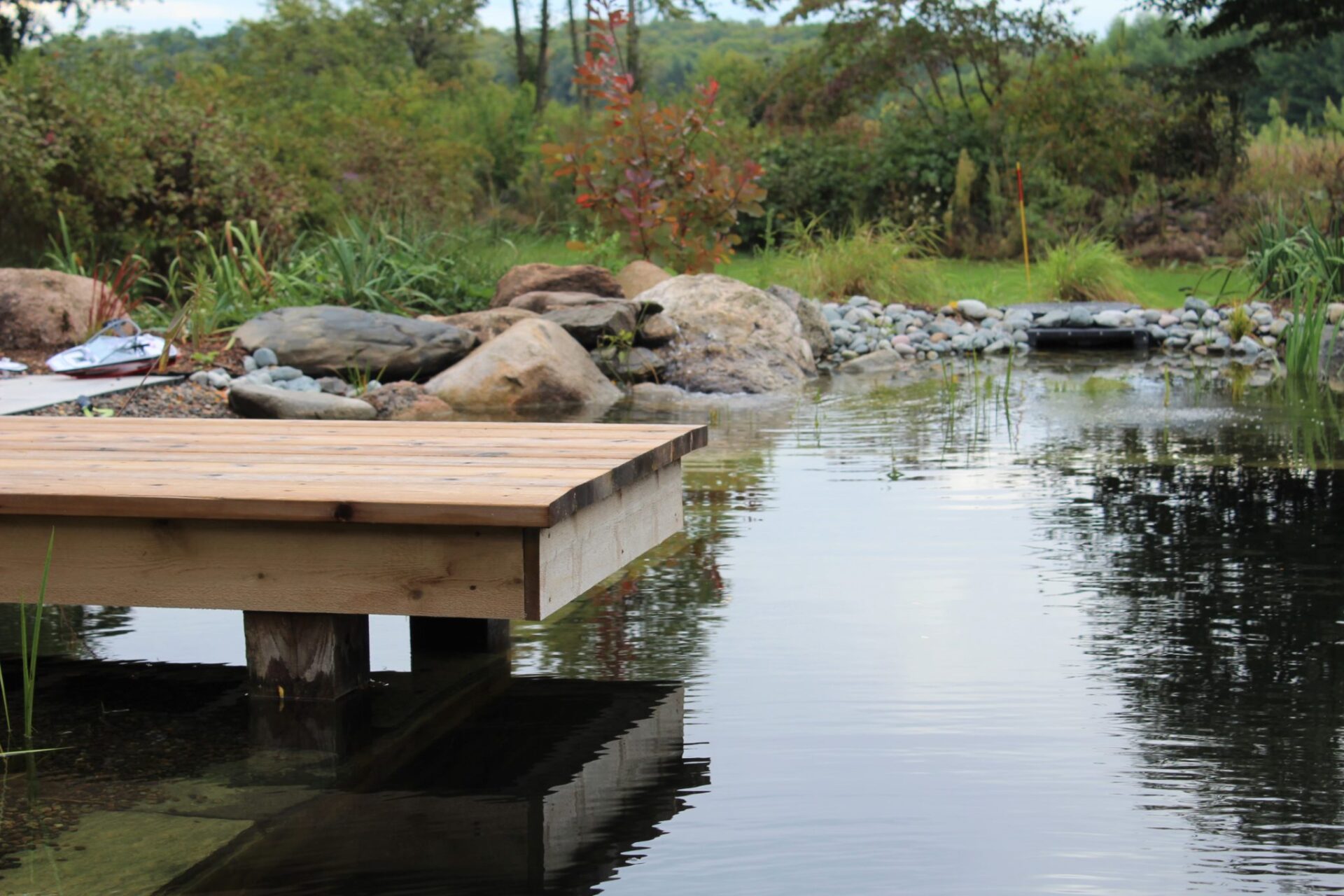 A wooden dock extends over a calm pond, surrounded by rocks and foliage with a blurred background of greenery and a red flag visible.