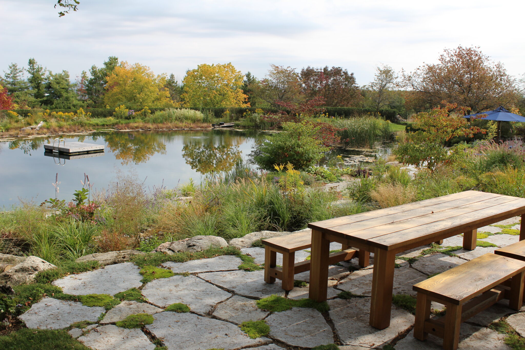 A serene outdoor setting featuring a tranquil pond surrounded by lush foliage in autumnal hues, with a wooden table and benches in the foreground.