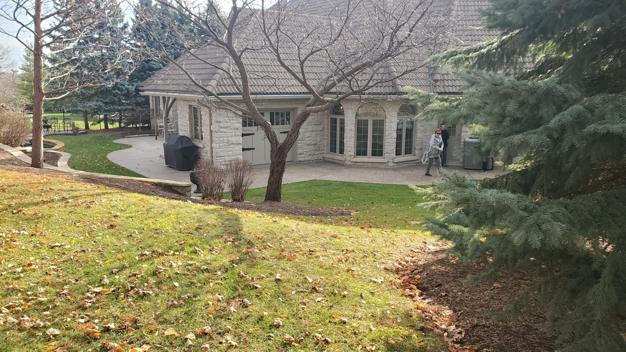 A person walks by a large stone house with a well-manicured lawn and leaf-scattered grass, near conifer trees and a curved path, in daylight.