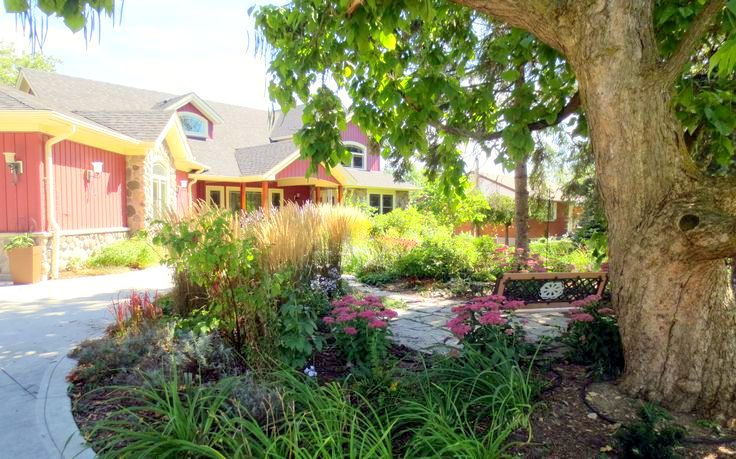 A charming red house with yellow trim stands behind a lush garden, featuring a stone path, green foliage, and a bench under a large tree.