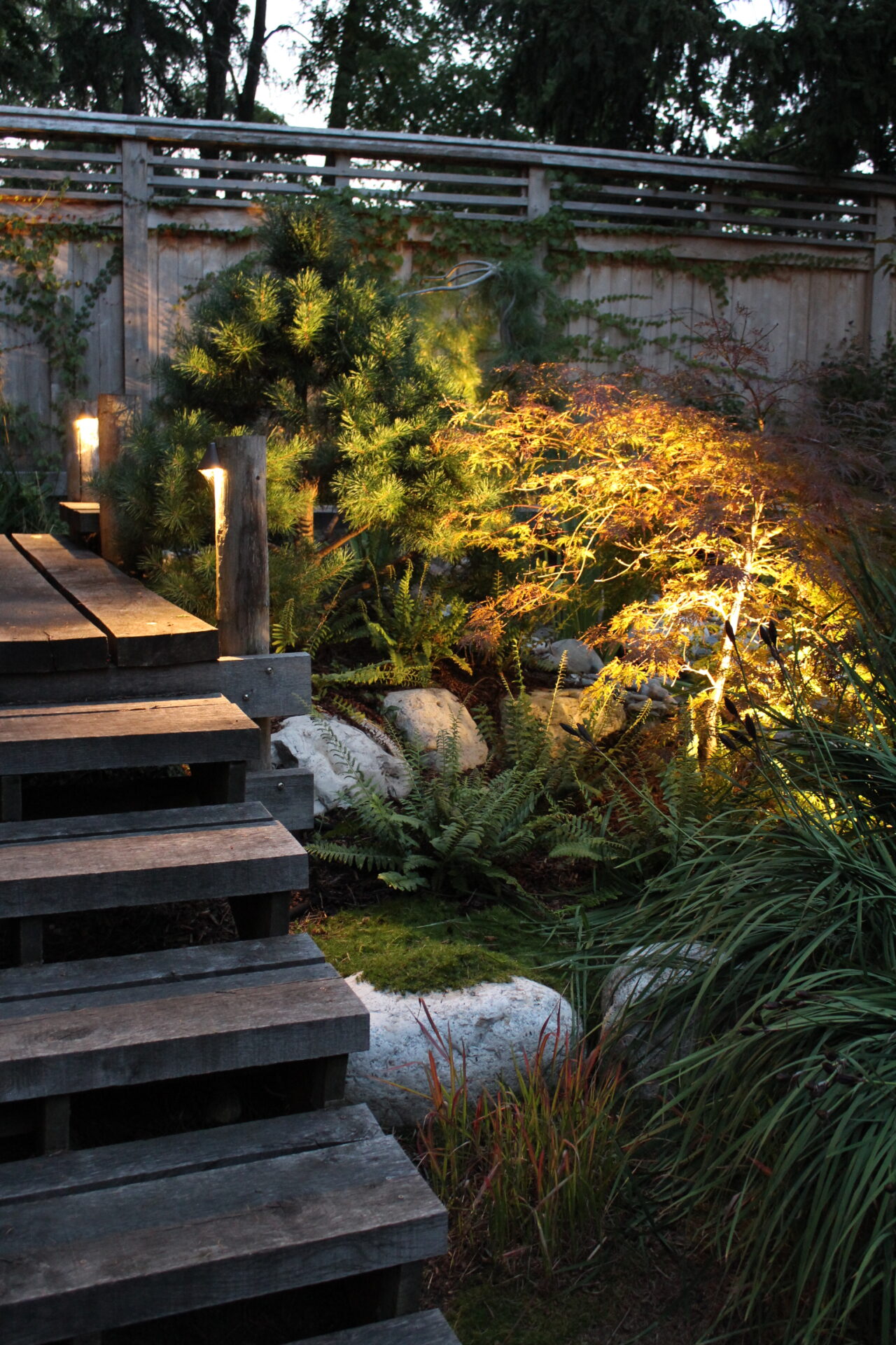 Wooden steps lead through a lush garden with a variety of plants, bathed in warm light from garden lamps, against an evening sky backdrop.