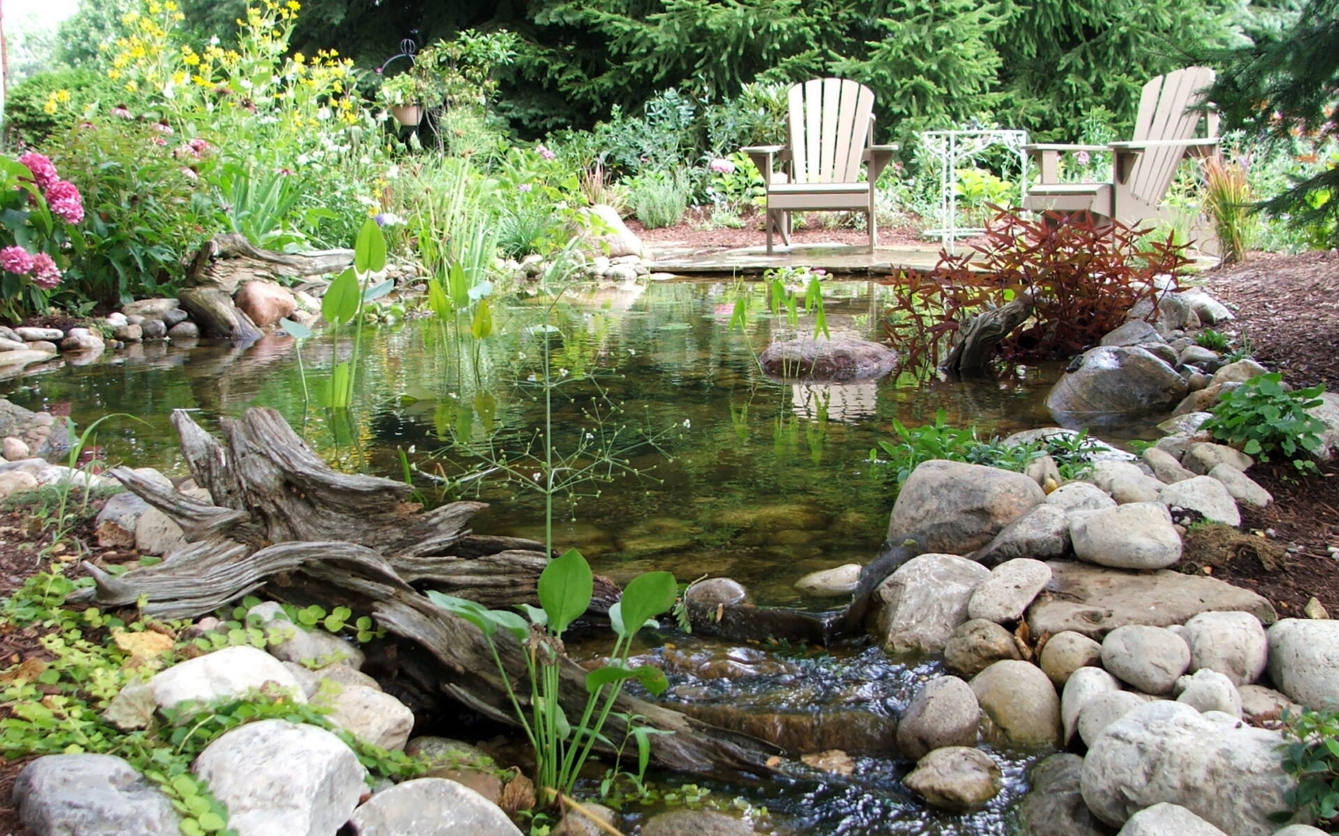 A tranquil garden with a small pond, surrounded by vibrant flowers and rocks. Two empty chairs face the serene water scene.