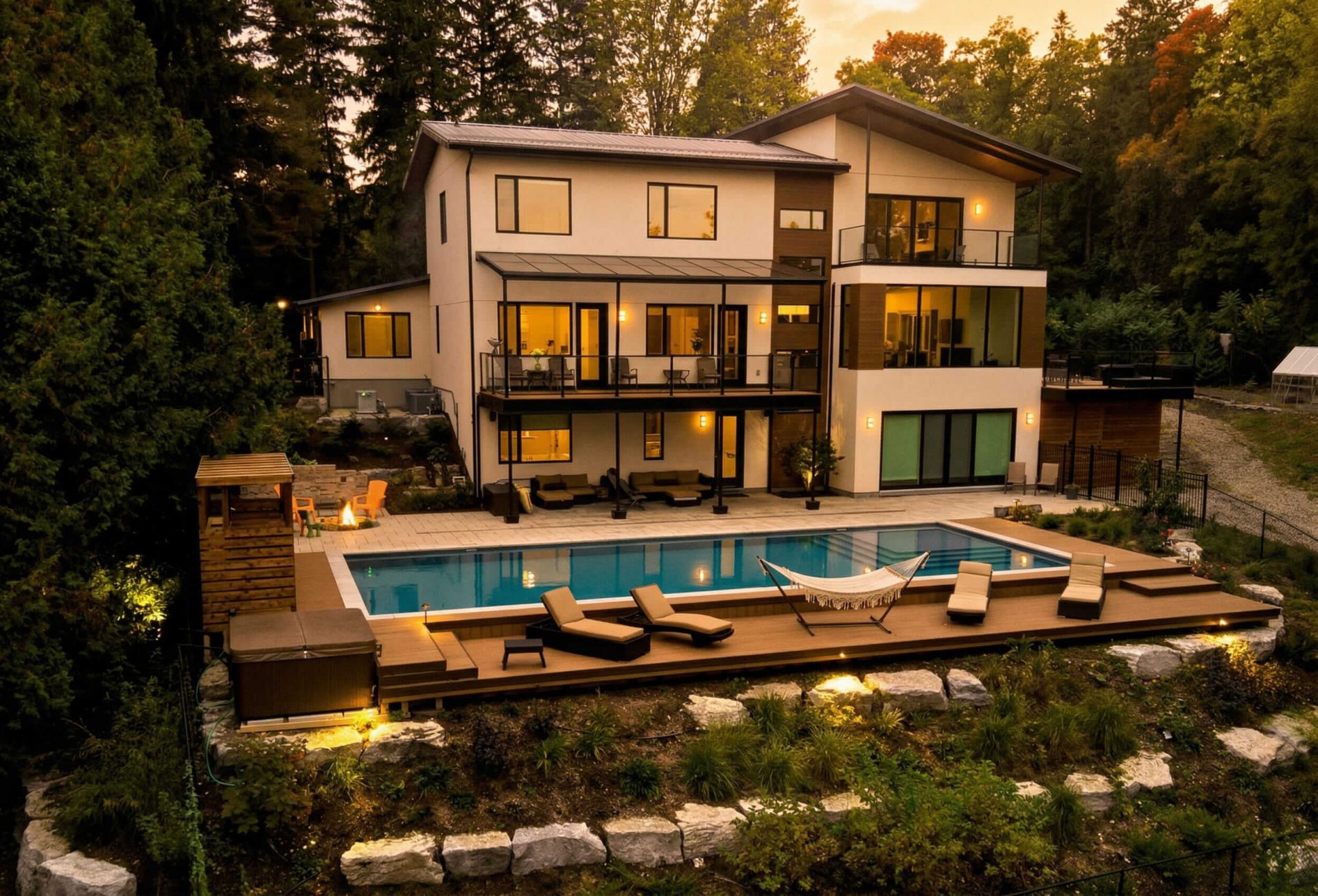 Luxury modern home with large backyard swimming pool, wood deck, outdoor lounge area, and professional landscape design at sunset.