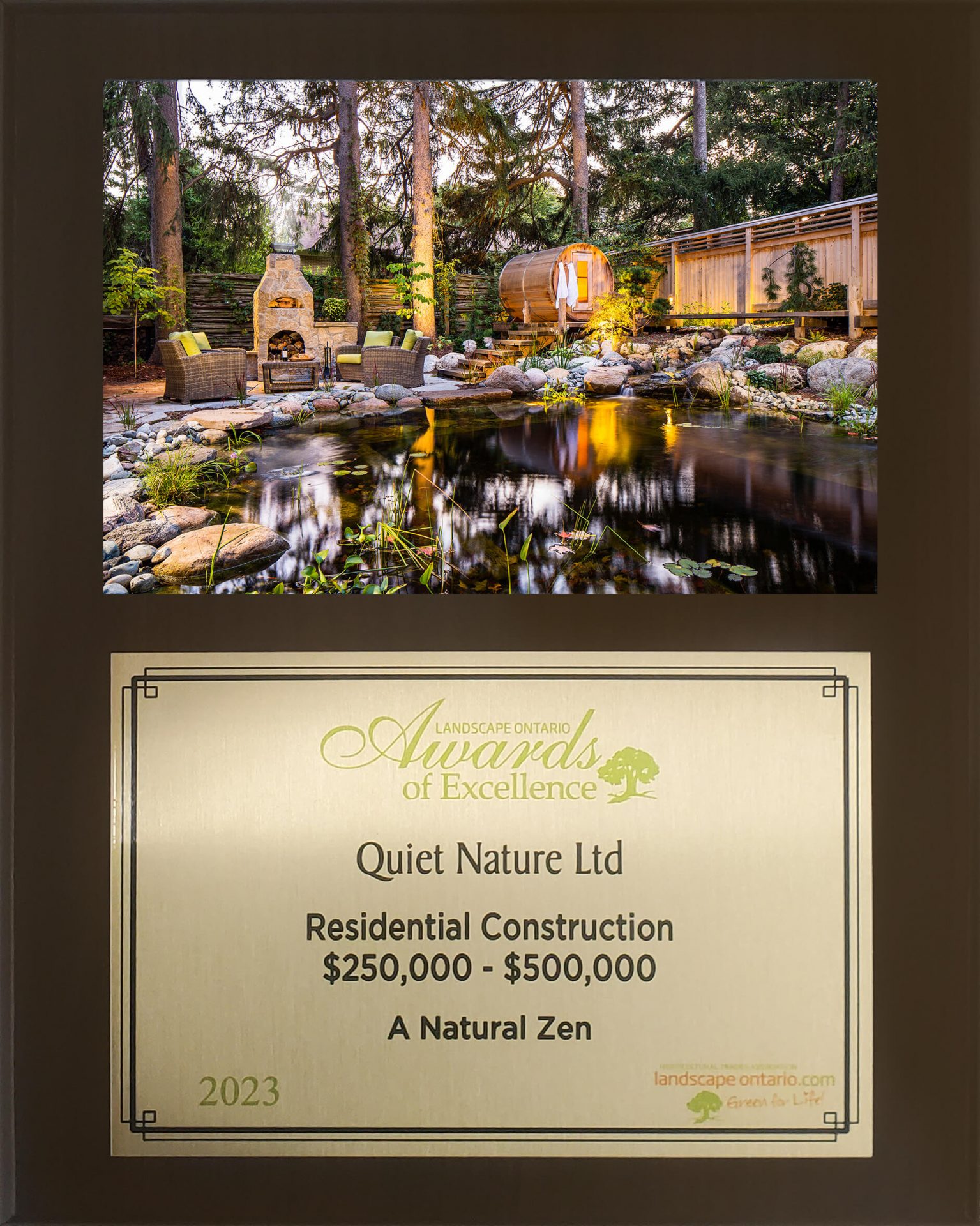 Landscape Ontario Awards of Excellence plaque recognizing Quiet Nature Ltd for a residential construction project in 2023.