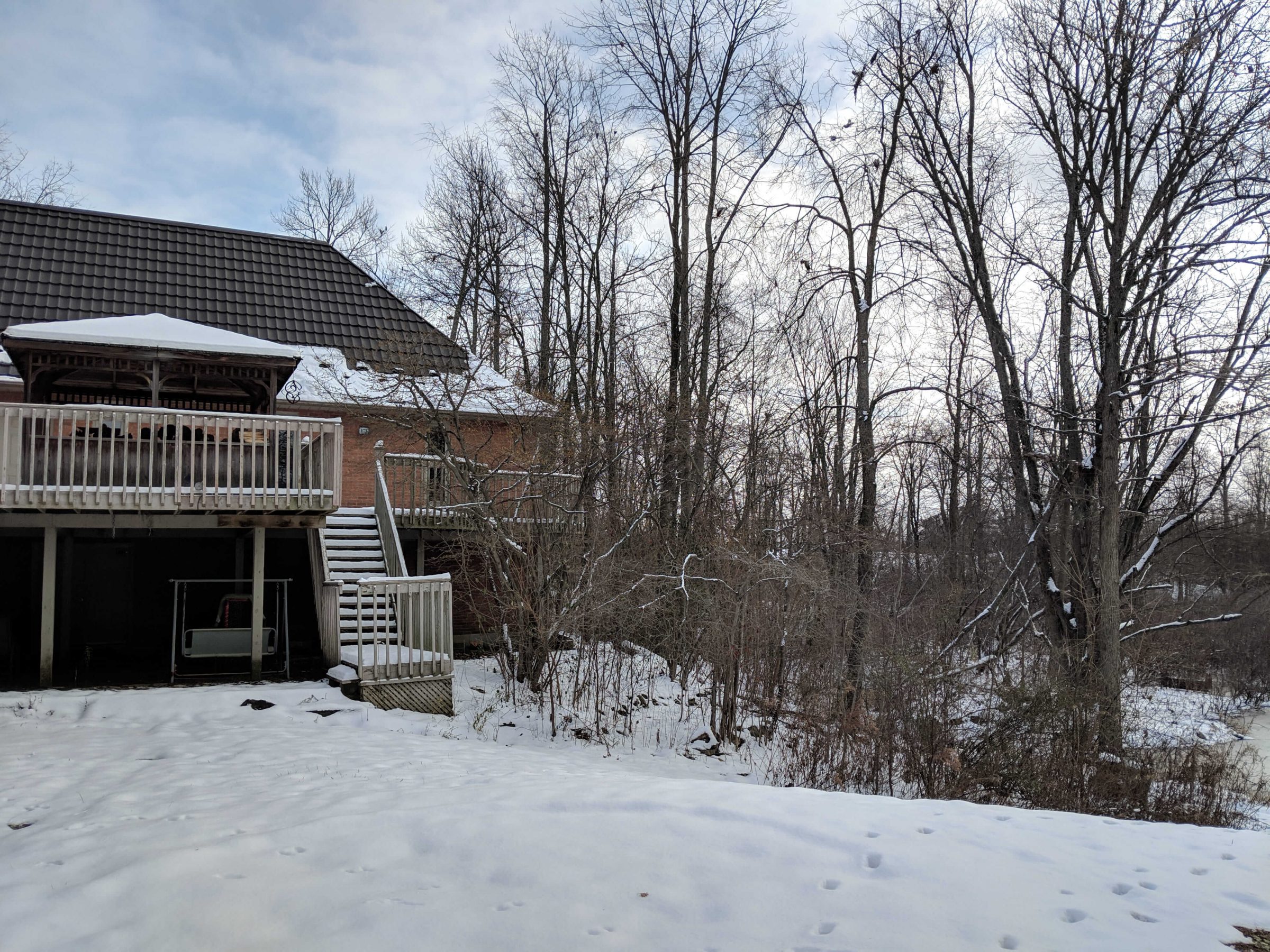 Backyard in winter with an older raised deck, exterior stairs, and a wooded lot with no defined outdoor living areas